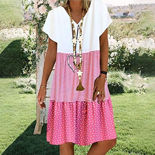 Ženska Pulover Haljina Polkadot Stripe Patchwork Labava Casual Sundress Etnički Stil V-Izrez Kratke Rukave Pleat Haljina