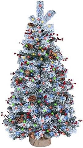 DDHS božićno stablo 4ft preslećeno snijeg, uključujući smreku, borove borove crvene bobice, savršeno za odmor, kućni dekor, lako sastaviti božićno drvce sa 100 svjetla