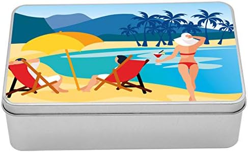 AMBESONNE TELETTER TINK kutija, tematska crtana za odmor opuštajući se na plaži tropski okean otisak, prenosiv pravokutnik metalni organizator s poklopcem, 7.2 x 4,7 x 2.2 , višebojni