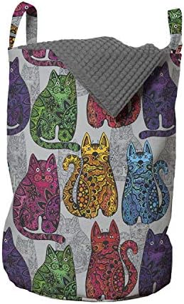 Ambesonne Kittens torba za pranje veša, smešna ukrasna mačka u cvetnim i potezima šarena tema, korpa za