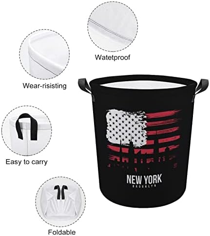 Korpa za veš američke zastave New York sa ručkama okrugla sklopiva korpa za odlaganje veša za spavaću sobu