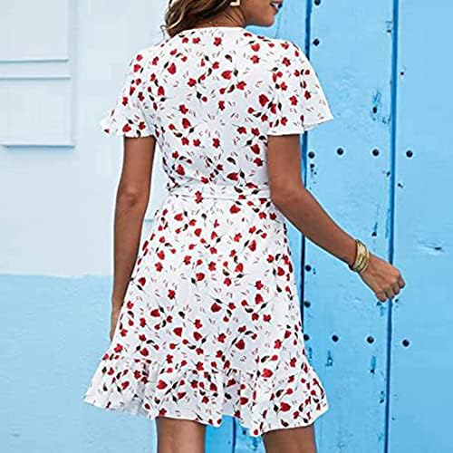 Lmdudanska ljetna šifonska haljina za ženska haljina s kratkim rukavima cvjetna tiskana struka V-izrez Ruffle
