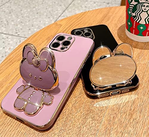 Slatki držač zvona za mobitel, zec zeko makeup zrcalni dizajn, ABS elektropizirani preklop retro telefona Kickstand, proširivi nosač nosača za uvlačenje na stražnjoj strani za telefonske tablete iPads Pink