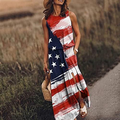 Haljina od 4. jula za žene Ležerne prilike patriotske američke zastave duge maxi haljine za sunčanje bez rukava sa džepom