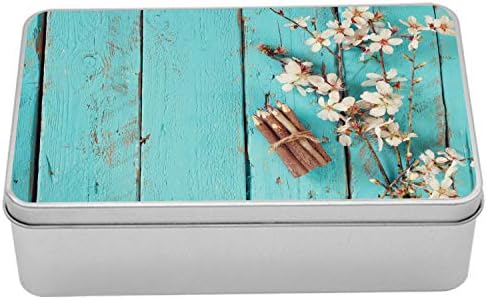 Metalna kutija za Chersenne badem, cvijeće trešnje s olovkama u boji na plavoj tonirano rustičnoj pozadini, višenamjenski pravokutni limenki kontejner sa poklopcem, 7,2 x 4,7 x 2,2 , blijedoplata višebojna