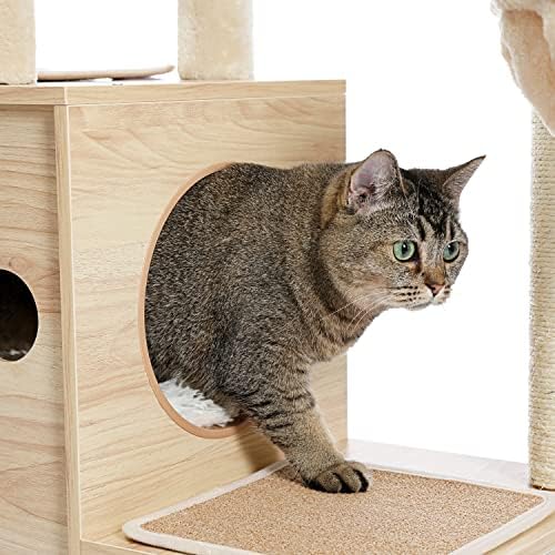 53 inča moderno luksuzno mačje Drvo Drvena višeslojna kula za mačke Cat Sky Castle sa 2 udobna stana, udobnim Smuđom, prostranom Visećom mrežom i interaktivnom Visećom loptom