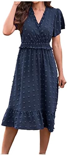 Fragarn Ljeto Maxi haljina, ženska ljetna haljina V izrez kratki rukav rukav rub haljine A-line maxi haljine