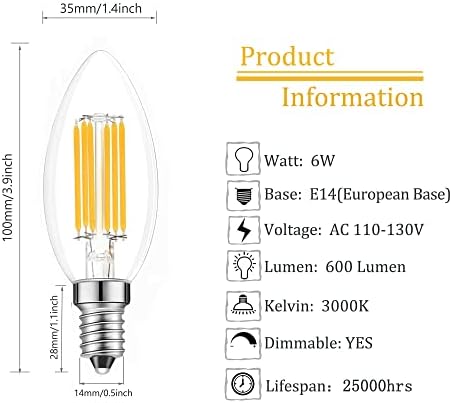 Lamsky E14 LED sijalica sa mogućnošću zatamnjivanja,110v 600Lumens 60W ekvivalentna topla bijela 3000k, E14 LED sijalice sa Evropskom bazom kandelabra,oblik torpeda od prozirnog stakla