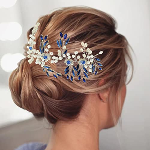 Flatser Blue Crystal Wedding Hair Vine Silver Pearl Flowers Bridal traka za glavu Rhinestone Bride komad kose za žene