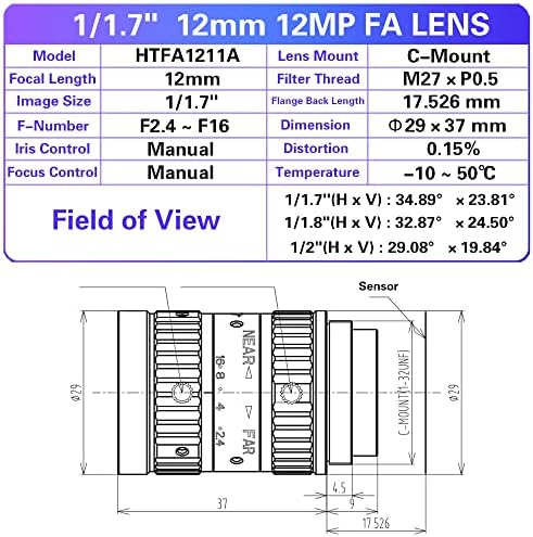 12MP 12mm 1/1. 7 fiksno fokusirano sočivo f/2.4 c mašinski vid visoke rezolucije Industrijska Kamera ručni