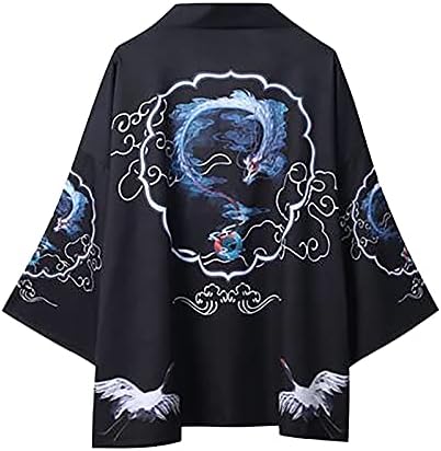 Beuu Japanski Kimono Cardigan za muške, labav otvoreni prednji 3/4 rukava lagana špiyeight ukiyoe zmaj print