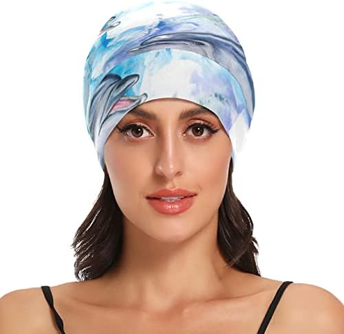 Žene Beanie Hat lobanja Radna kapa, morski plavi dupini Elastična modna kaša za glavu noć za spavanje poklopac