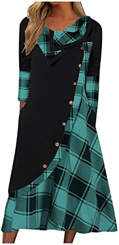 NOKMOPO Plus Size formalne haljine za žene modni karirani šavovi dugmad džepovi na vratu duga rukava haljina