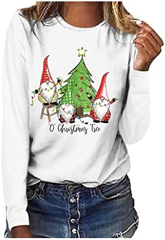 Božićne majice s dugim rukavima za žene grafičke tiskane majice gnome xmas stablo uzorak casual pulover