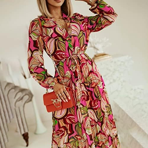 Fragarn Plus Veličina Maxi haljina za žene, ženska ležerna modna modna V-izrez dugih rukava za vrat za vezanje