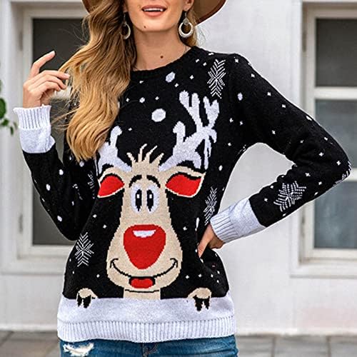 Ženski ružni božićni džemper Chunky Knit Crewneck Majica Loose High Stretchy dugih rukava za rezanje dugih