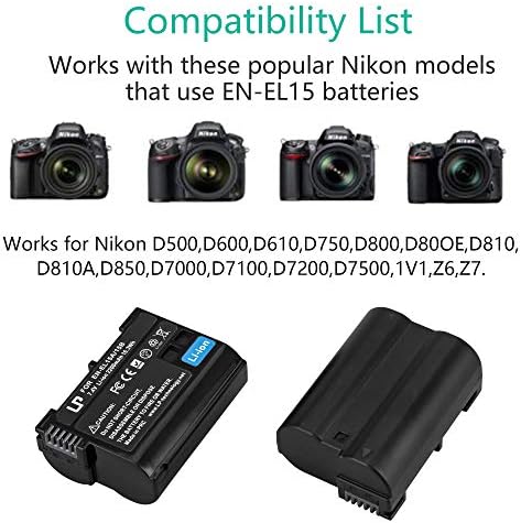 EN-EL15 baterija, LP 2-paket EN-EL15 EN15A punjenje LI-ION-u kompatibilna sa Nikon D7500, D7200, D7100,