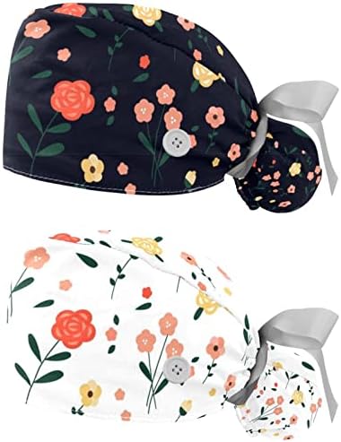 Cvjetni bouffant šešir sa vrpcom i tipkama, 2 pakovanja kapice za pilingu Žene duga kosa, pokrov za jednu
