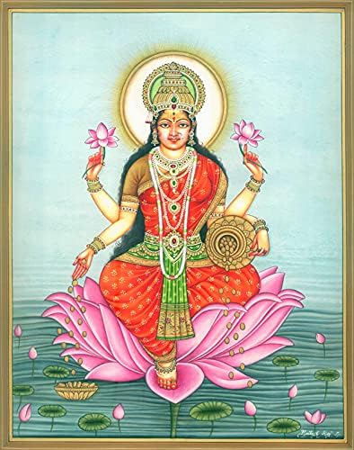 Egzotična Indijska boginja Dhana Lakshmi sjedi na Lotusu u ribnjaku-slika u boji vode na papiru