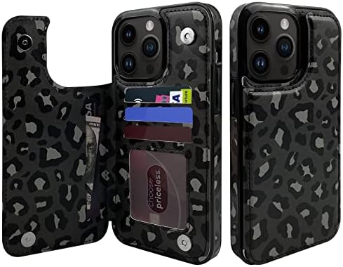 ????Topperfekt Flip kožna torbica za novčanik držač kartice kompatibilan sa iPhoneom 14 Pro Max 6.7 žene i djevojke sa držačem kartice stalak za noge dvostruka magnetna kopča uzorak Black Grey Leopard