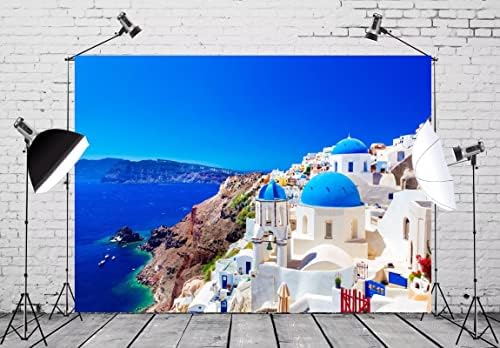 CORFOTO tkanina 5x3ft Grčka fotografija pozadina Santorini Ostrvo Oia selo pozadina Grčka fotografija pozadina