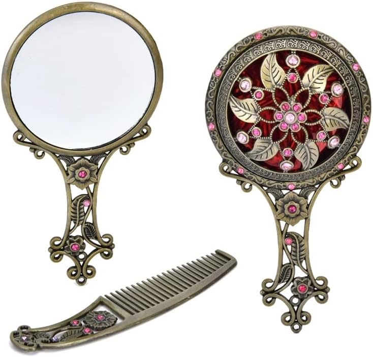SLSFJLKJ Classic Chic Retro Vintage džep kompaktna ogledala za šminkanje češalj set ručno šminkanje Bronzana