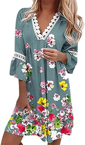 ICODOD haljina Ženska 2023 ljetni etnički stil čipke V izrez Tri četvrtine rukava Swing haljina Bohemian
