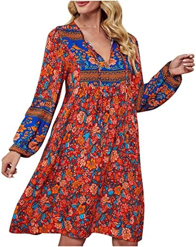 Ženska cvjetna print boho haljina casual dugih rukava V izrez čipkaste haljina Vintage Flowy haljina trendi