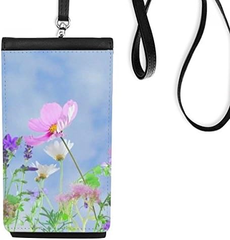 Plava pozadina ljubičaste ružičaste cvijeće Telefon novčanik torbica Viseći mobilni torbica Crni džep