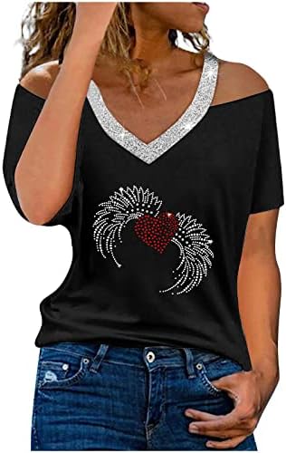 Jesen Ljetne košulje djevojke hladno rame s kratkim rukavima pamuk u obliku grafike za grafičku majicu Rhinestone