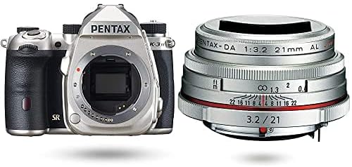 Pentax K-3 Mark III vodeći APS-C srebrno tijelo kamere sa PENTAX ograničenim objektivom-tanko Širokougaono jednostruko sočivo HD PENTAX-DA21MMF3. 2al ograničeno srebro K nosač APS-C Veličina 21420