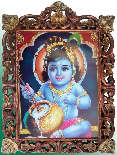 Lord Child Bal Krishna uživanje & amp; Eating Butter Poster Painting In Wood Craft Frame Art Craft & rukotvorina