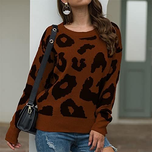 Ženski pleteni džemper za kabel zimsku o-vrat Leopard Print pulover dugih rukava dugih rukava gornja siva