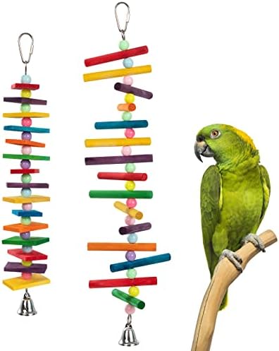 Mewtogo 2pcs igračke ptice, papagajne igračke sa zvonama i plastičnim perlicama, šareni prirodni drveni blokovi u 2 oblika za kokatske kokteele afričke sive maka i ske papagane