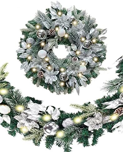 ŽELE-CUL PRE-LITAN 24 inčni osvijetljeni božićni vijenac za dekor prednjeg vrata sa srebrnim bijelim božićnim