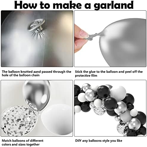 NISOCY Crni srebrni bijeli konfeti baloni luk Kit, 120 kom 12in 10in 5in lateks baloni Garland lukovi Kit