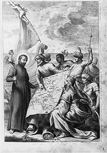 Istorijska otkrića fotografija: sveštenik koji drži Raspelo stoji pored čamca,karta Tartarije,Cina,Indija,1653