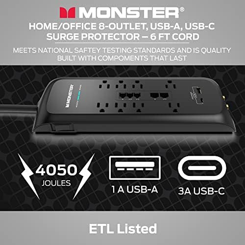Monster 6ft Crna električna traka za teške uslove rada i zaštita od prenapona tornja, 4050 džula, 8 120v
