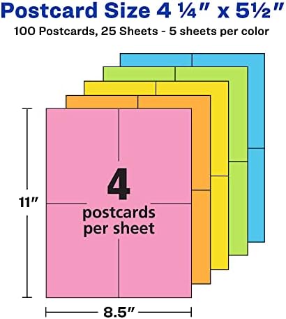 Avery prazne razglednice za štampanje, 4,25 x 5,5, razne jarke boje, 100 prilagodljivih kartica